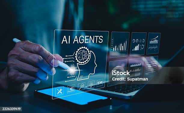 A person using a stylus to interact with a futuristic, glowing digital interface labeled AI Agents, featuring a mechanical brain and data charts to represent Agentic AI.