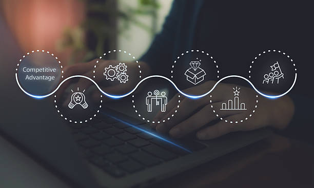 Visual representation of an Agentic workflow showing a person using a laptop with an overlay of icons representing autonomous AI steps and competitive advantage.