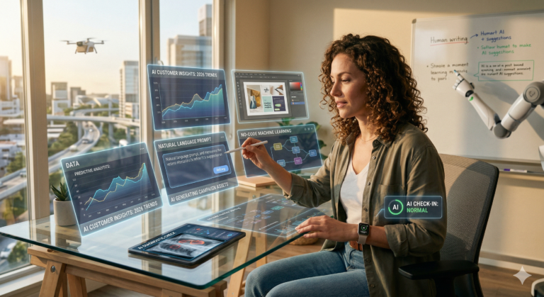 A professional woman works at a sunlit glass desk in a futuristic 2026 home office while interacting with glowing holographic interfaces. The displays show "No-Code Machine Learning" and "AI Customer Insights," while a medical tablet on the desk reads "AI Diagnostic Check." In the background, a robotic arm assists with a whiteboard and a small delivery drone flies past a modern cityscape outside the window.