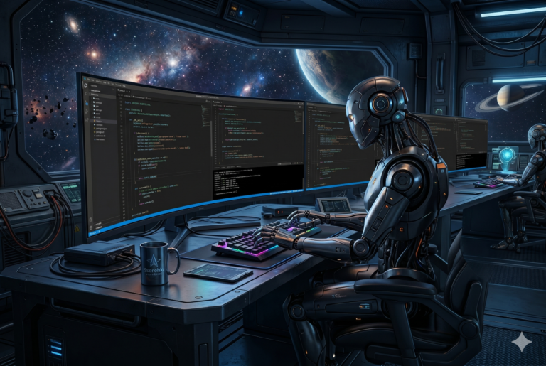 A sci-fi robot generating automated coding scripts inside a futuristic spaceship workspace.