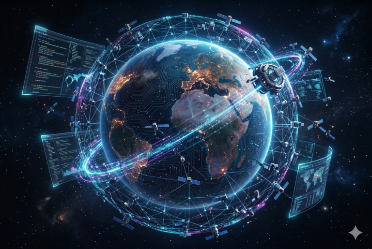 Conceptual graphic showing a decentralized cloud 3.0 architecture systems mesh network connecting intelligent edge processing nodes globally.