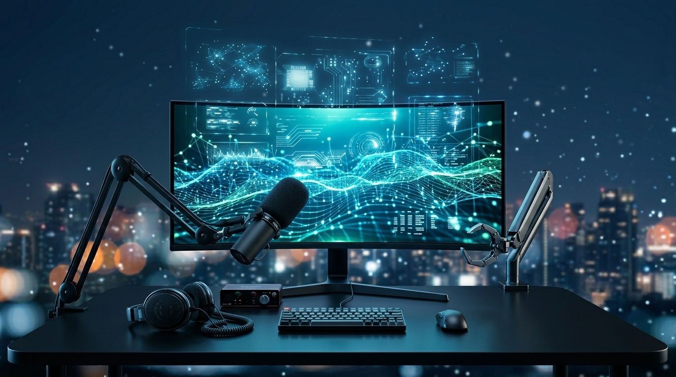 A modern podcast/webinar setup (microphone and headphones on a desk) dramatically lit by the glow of a computer monitor displaying abstract data nodes.