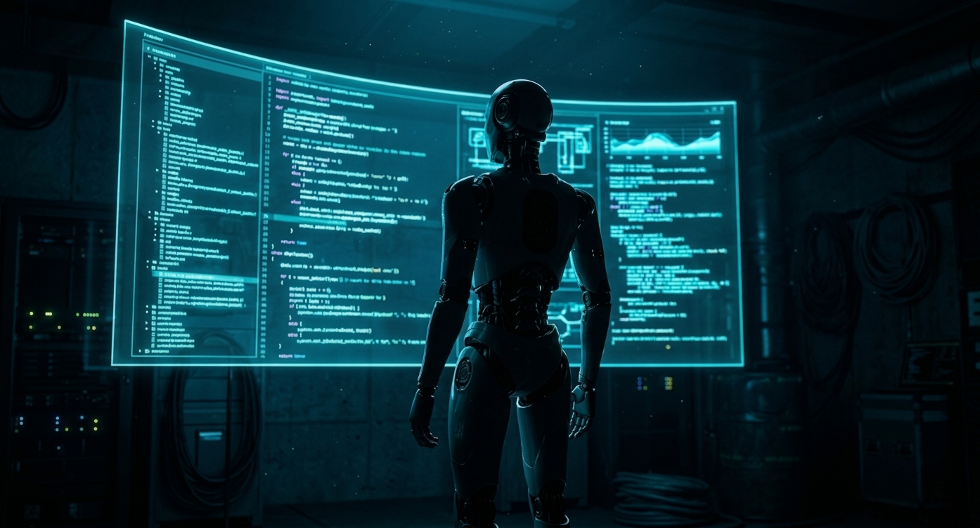 Back view of a detailed humanoid robot standing in a dark room, contemplating a massive curved display screen glowing with intricate neon-blue computer code and data charts. The scene is cinematic with dramatic lighting