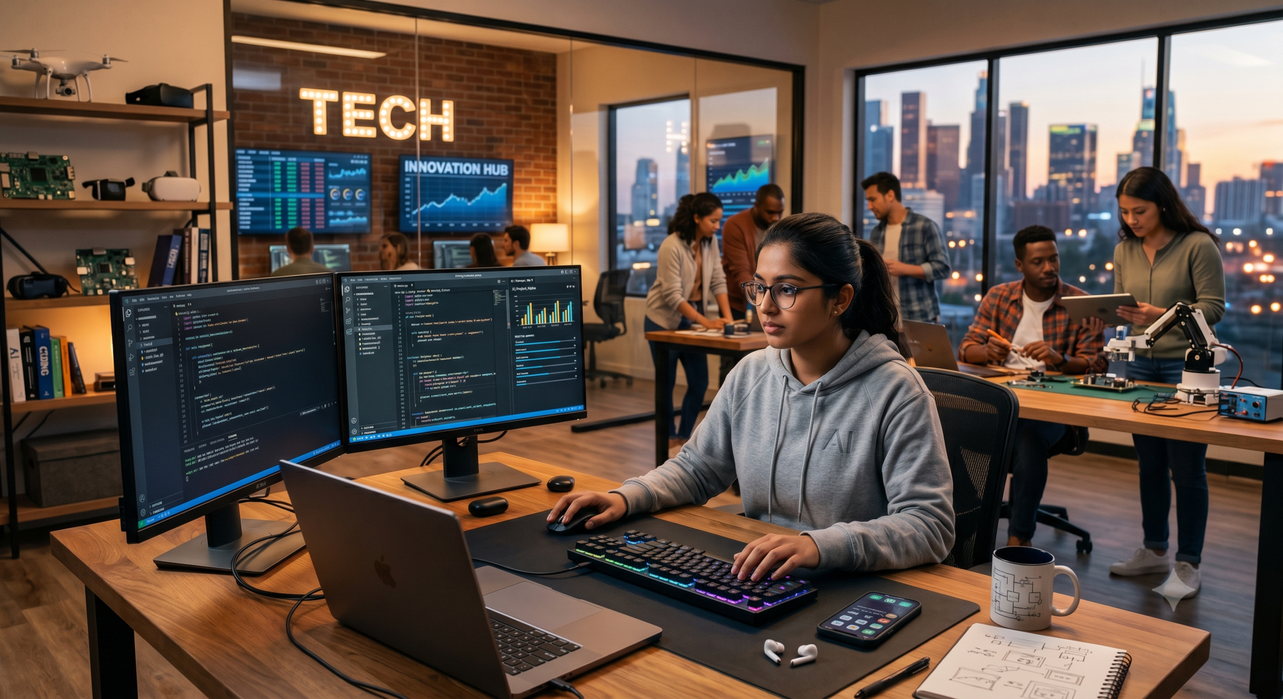 A female software developer working on a multi-monitor setup displaying code in a bustling, modern tech office. In the background, a diverse team collaborates near digital dashboards and a window showing a city skyline at dusk.