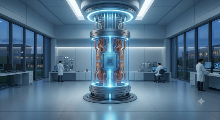A glowing quantum computing processor inside a glass cryostat cylinder in a modern research laboratory.